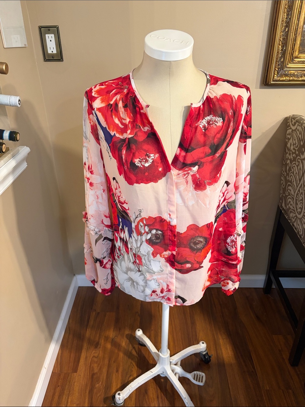 White House Black Market Pink Blouse with Red Floral Print